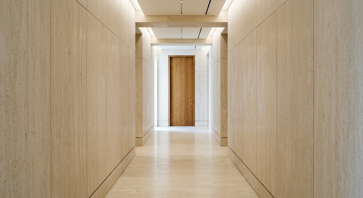 Couloir vide menant à une porte fermée.
